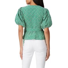 Green printed eyelet (100% Cotton). Top. Short sleeves. V-neckline. Hook-and-eye closure. 20" from shoulder to hemline. Imported. Fitted Cotton V-neck Puff Sleeve Top, Fitted Green Cotton Puff Sleeve Top, Green Cotton Puff Sleeve Top For Summer, Summer Green Cotton Puff Sleeve Top, Fitted Green Puff Sleeve Top For Spring, Green Fitted Puff Sleeve Top For Spring, Summer V-neck Puff Sleeve Top With Floral Print, Spring V-neck Puff Sleeve Top, Green Puff Sleeve Top For Spring Day Out