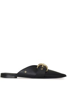 black lambskin gold-tone hardware decorative buckle detail pointed toe branded footbed open back Anine Bing, Mules Shoes, Open Back, Gold Tones, Buckle, Luxury Fashion, Leather, Black