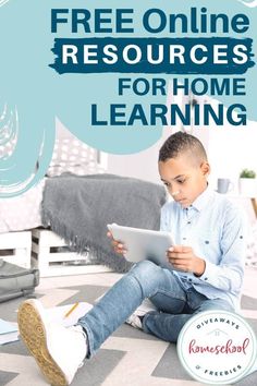 a young boy sitting on the floor using a tablet with text overlay that reads free online resources for home learning