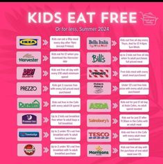 the kids eat free menu is shown in pink