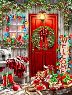 a painting of christmas decorations and presents in front of a red door