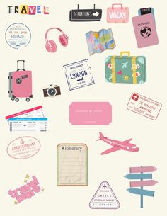 various travel stickers and luggage tags on a white background