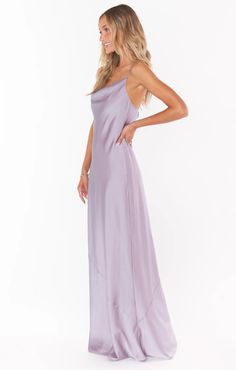 Tuscany Maxi Slip Dress ~ Dusty Purple Luxe Satin – Show Me Your Mumu Purple Beach Bridesmaid Dresses, Muted Lavender Bridesmaid Dresses, Purple And Yellow Wedding Bridesmaid Dresses, Lavender Silk Bridesmaid Dresses, Light Purple Bridesmaids Dresses, Spring Slip Dress With Bias Cut And Cowl Back, Lavendar Bridesmaids Dresses, Purple Floral Bridesmaid Dresses, Purple Maxi Dresses