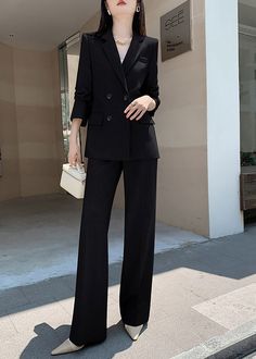 Elevate your wardrobe with our Estelle Double Breasted Blazer Wide Pants Suit. This two-piece set features a sophisticated and exclusive design with a double-breasted blazer and wide-leg pants. Perfect for any occasion, this black suit exudes elegance and taste. Blazer: Double Breasted closure Notched lapels Long sleeves Front flap pockets Pants Zip fly with button closure Side slant pockets Regular length - Polyester, spandex- Item #431910- Women's blazer & pants suit two-piece set SIZE INFO XS Formal Pants Suit Dress, Luxury Tailored Chic Dress Pants, Luxury Business Casual Pants With Concealed Fly, Affordable Elegant Workwear Pantsuit, Womens Black Pant Suits, Luxury Dress Pants For Business In Winter, Elegant Luxury Work Pants For Formal Occasions, Women's Suits Professional Elegant, Luxury Structured Pants For Business Casual