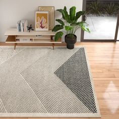 a living room area with a rug, coffee table and potted plant