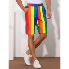 Striped shorts are a fashionable and playful piece of clothing if you want to try a unique pattern. Rainbow striped shorts are perfect for wearing in summer to create a charming image. Pair contrasting striped shorts with a rainbow-striped shirt for a casual look. Rainbow-striped shorts are suitable for daily wear, sports, parties, vacations, etc. Striped Cotton Swim Trunks For Beach Season, Playful Short Swim Trunks For Spring, Casual Vertical Stripes Shorts For Spring, Multicolor Cotton Swim Trunks For Summer, Spring Casual Shorts With Vertical Stripes, Striped Cotton Bottoms For Summer, Striped Cotton Swim Trunks For Summer, Striped Cotton Swim Trunks For Spring, Summer Striped High-waisted Jean Shorts