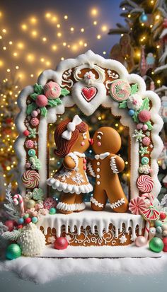 a gingerbread man and woman are standing in front of a christmas tree with candy canes