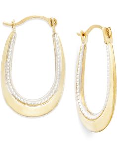 Classic style, with a twist. These contemporary hoop earrings feature a tapered design set in 10k gold with polished rhodium trim for a two-tone effect. Approximate drop: 3/4 inch. Oval Hoop Earrings, Gold Polish, Mens Cologne, Mens Gift Sets, Design Set, Baby Clothes Shops, 10k Gold, Dresses With Leggings, Infinity Bracelet