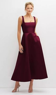 Burgundy Tea Length Dress, Burgundy A Line Dress, Elegant Holiday Dress, Square Neck Maxi Dress For Date Night, Classic A-line Midi Dress For Date Night, Date Night Maxi Dress With Square Neck, Elegant Square Neck Maxi Dress For Gala, Elegant Square Neck Dress For Date Night, Styling Midi Dress