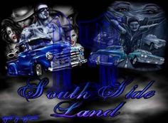 an image of a blue car with the words south side land on it