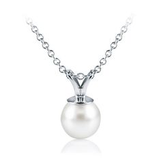 This dainty, sweet 6.0-7.0mm white Freshwater pearl solitaire pendant is an elegant addition to any jewelry box. Mounted on a classic split bale, each AAA quality pearl is chosen for its clean surfaces, touchable luster and shimmering overtones. The pendant comes with a matching 16 chain. Classic White Pear Solitaire Necklace, Classic Pear-shaped Solitaire Necklace, Classic White Gold Pearl Necklace With Pearl Charm, Classic White Gold Pearl Necklace In Pear Shape, Classic White Gold Pearl Necklace For Anniversary, Classic Pear-shaped Pearl Necklace For Formal Occasions, Classic Solitaire Necklace With Pearl Pendant As Gift, Formal Solitaire Pearl Pendant Necklace, White Solitaire Necklace For Formal Occasions