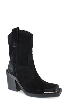 A pronounced square toe and chunky block heel add to the bold style of this Western boot done in supple suede. 3 1/2" heel; 1" platform 6 1/2" shaft Pull-on style Leather upper, lining and sole Made in Italy Suede Boots With Reinforced Heel And Square Toe, Suede Square Toe Boots With Reinforced Heel, Western Style High Heel Leather Platform Boots, Suede Boots With Stacked Heel And Square Toe, Suede Pointed Toe Platform Boots, Suede Platform Boots With Pointed Toe, Suede Platform Boots With Reinforced High Heel, Suede Heeled Boots With Square Toe, Fall Suede High Heel Wedge Boots