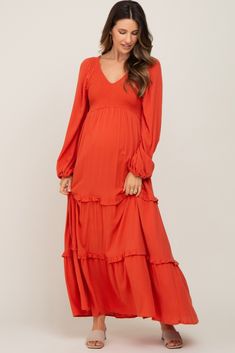 A comfortable & casual maternity dress perfect for any day!  A solid maternity midi dress with a v-neckline, smocked bodice, bubble sleeves and tiered skirt. Skirt is double lined. The Rust Smocked Tiered Maternity Midi Dress is perfectly bump-friendly! Maturity Dress, Casual Maternity Dress, Maternity Midi Dress, Casual Maternity, Rust Dress, Pink Blush Maternity, Skirt Skirt, Tiered Maxi Dress, Maternity Dress