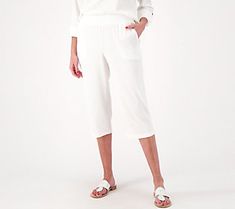 Paired with tees, tanks, and tunics, these capri pants are a style staple for spring and summer. From Belle by Kim Gravel. Casual Bottoms For Spring Day Out, Casual Stretch Summer Pants, Casual Spring Bottoms For Day Out, White Relaxed Fit Knee-length Bottoms, Casual Capris With Elastic Waistband, Cropped Leg Bottoms For Beach In Summer, Cropped Leg Bottoms For Beach And Summer, Summer Beach Cropped Leg Bottoms, Summer Beach Bottoms With Cropped Leg