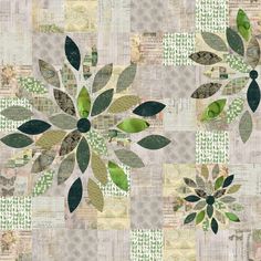 an abstract floral design with green leaves on a beige and gray wallpaper pattern background