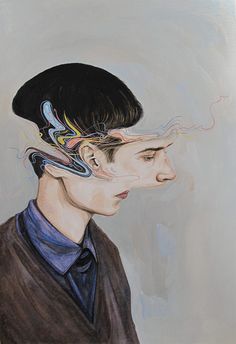 a painting of a man with his hair pulled back and wires coming out of his ears