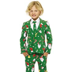 Is your little man looking for an outfit to go out of the year with a bang? This festive Christmas costume is the perfect outfit for the x-mas and New Year's Eve season. It's a more stylish version on the ugly Christmas sweater, so you'll be the best-dressed of your family and friends for sure. Santa will even give you more presents than ever because of your great Christmas attire. So, what are you waiting for? Have fun this Christmas! Long Sleeve Suits For Holiday Costume Party, Winter Party Green Suit, Green Winter Party Suit, Fitted Christmas Party Sets, Green Christmas Holiday Sets, Christmas Long Sleeve Fitted Sets, Fitted Long Sleeve Christmas Sets, Green Holiday Sets For Winter, Green Holiday Sets For Winter Season