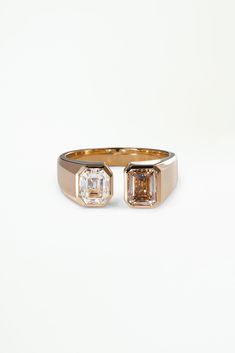 14k solid Fairmined yellow gold Champagne diamond, emerald cut, 6.23x4.79x3.41mm, 1.01ct, Argyle mine, Australia originDiamond, emerald cut, 6.10x4.94x4.01mm, 1.01ct, L VVS2, GIA certified, reclaimed originDiamonds 2.02 total carat weightRing band tapers from approximately 7mm to 3.4mm wide Multi Shape Diamond Ring, Emerald Cut Emerald Ring With Rose Cut Diamonds, Gia Certified Rectangular Gold Diamond Ring, Classic Emerald Cut Emerald Ring In Rose Gold, Gold Radiant Cut Gia Certified Emerald Ring, Gold Emerald-cut Emerald Ring With Rose Cut Diamonds, Gold Emerald-cut Ring With Rose Cut Diamonds, Gia Certified Radiant Cut Gold Emerald Ring, Modern Gold Square Cut Emerald Ring