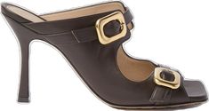 Luxury Calf Leather Mules With Buckle Closure, Elegant Gold Mules With Buckle Closure, Formal Leather Sandals With Gold Buckle, Luxury Heels With Gold Buckle, Luxury Formal Heels With Gold Buckle, Elegant Open Toe Heels With Gold Buckle, Elegant Open Toe Sandals With Gold Buckle, Luxury Gold Buckle Heels For Formal Occasions, Luxury Leather Sandals With Gold Buckle