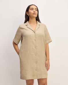 The Linen Shirt Dress Trench Coat Khaki – Everlane Casual Button-up Shirt Dress With Rolled Sleeves, Classic Collared Shirt Dress For Day Out, Relaxed Fit Collared Shirt Dress With Buttoned Pockets, Collared Shirt Dress With Buttoned Pockets And Relaxed Fit, Relaxed Fit Knee-length Shirt Dress With Placket, Relaxed Fit Knee-length Shirt Dress, Classic Dress With Rolled Sleeves, Chic Mini Dress With Pockets For Daywear, Workwear Button-up Shirt Dress With Rolled Sleeves