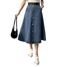 Mid-rise Cotton Denim Skirt With Button Closure, Non-stretch High Waist Denim Skirt For Spring, Spring Knee-length Denim Blue Skirt, Non-stretch Mid-rise Denim Skirt For Spring, Chic Non-stretch Medium Wash Denim Skirt, Denim Blue High Waist Skirt With Button Closure, High Waist Denim Blue Skirt With Button Closure, Trendy Spring Jeans With Button Zip Fly, Trendy Jeans With Button Zip Fly For Spring