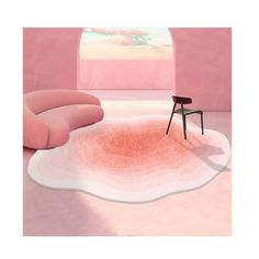 a chair sitting on top of a pink floor next to a round shaped rug in the middle of a room