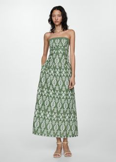 Strapless embroidered dress - Woman | MANGO USA Chic Embroidered Cotton Midi Dress, Miranda Dress, Bridal Shower Outfit, Garden Party Dress, Guest Attire, Wedding Attire Guest, Judas Priest, Cocktail Attire, Honeycomb Pattern