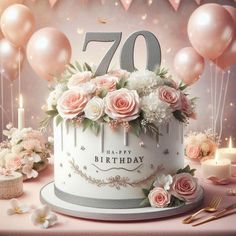 a birthday cake with flowers and candles on a table in front of balloons that read 70 happy birthday