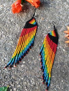 a pair of multicolored beaded earrings sitting on top of a rock next to an orange flower