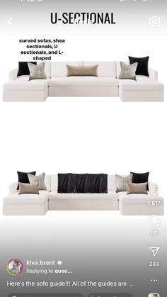 two couches with pillows on them and the text u - sectional above it