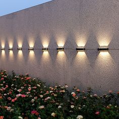 several lights are on the side of a wall next to some flowers and bushes in front of it