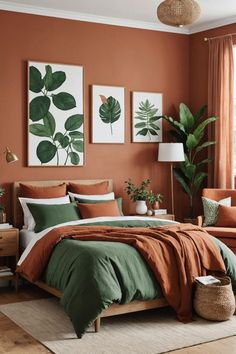 a bedroom with orange walls and green bedding