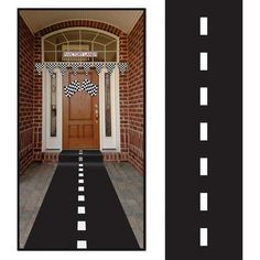 the front door is decorated with black and white checkerboard paper for an entrance