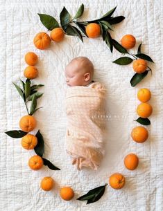 a baby wrapped in a blanket surrounded by oranges and leaves on a white quilt