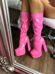 Hot pink platform knee-high heeled boots Patent leather New! Shoes Knee-high Boots With Chunky Platform And Wide Calf, Chic Knee-high Boots With Chunky Platform And High Heel, Chic Knee-high Chunky Platform Boots, Chic Knee-high Boots With Chunky Platform, Knee-high Platform Boots With Block Heel, Knee-high Platform Boots With Reinforced Heel For Wide Calf, Wide Calf Knee-high Platform Boots With Reinforced Heel, Party Wedge Boots With Chunky Platform And High Heel, High Heel Chunky Platform Wedge Boots For Party