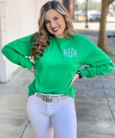 Everyone's closet needs a go to monogrammed tee and this is just the perfect one! This monogrammed shirt is great for layering or as a primary piece! Pair with a monogrammed vest or cardigan for a stylish look. Our personalized tee shirt is completely customizable to fit your personal style. Choose from a variety of font and thread choices and also pick where you want your monogram. You can choose from a pocket area monogram to a lower corner monogram! 
At Born To Be Sassy we love helping you to Preppy Crew Neck Tops For Fall, Trendy Cotton Tops With Monogram Print, Preppy Green Tops For Fall, Cotton Monogram Print Top For Fall, Casual Monogram Print Tops For Spring, Casual Tops With Monogram Print For Spring, Casual Spring Tops With Monogram Print, Spring Cotton Tops With Monogram Print, Spring Casual Tops With Monogram