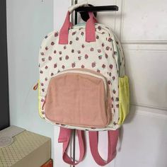 UAKISS - Casual Kawaii Strawberry Print Schoolbags Girls Fashion Cute Contrast Color Women Bags Japanese All Match Backpacks for Students Size:22*8*27CM "Size mearsured by ourselves, sometimes has some errors, but always within 3cm." Cute Large Capacity Bags For Back To School, Cute Bags For Daily Use And Back To School, Cute Beige Shoulder Bag For School, Cute Beige School Shoulder Bag, Trendy Cute Bags For Students, Trendy Student Bags With Cute Design, Cute Rectangular Canvas Bag For School, Trendy Bags With Cute Design For Students, Kawaii Beige Bags For Students