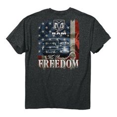 Show them who you are with the RAM Men's Freedom T-Shirt. This 100% cotton graphic t-shirt provides the softness you crave, while the taped neck and shoulder seams offer premium durability. The stylish design of the men's t-shirt also provides an eye-catching appearance for you to enjoy. Men's t-shirts are pre-shrunk to minimize shrinkage Taped neck and shoulders offer smooth comfort Double-needle sleeves, collar and bottom hems give the men's t-shirt increased durability High-quality screen-pri