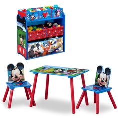 the mickey mouse table and chair set is ready to be used as a child's playroom