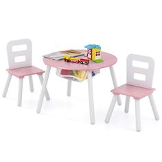 two children's table and chairs with toys on the top one has a train