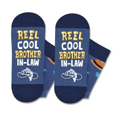 GIFTS FOR BROTHER IN LAW: These dark blue brother in law gifts feature fishes, ties, glasses, hats, and watches, with the hidden novelty message on the bottom, "REEL COOL BROTHER IN-LAW". BROAD FIT: Suitable for men's shoe sizes 7-13 and sock sizes 8-14. Each exclusive gift box contains one pair of funny socks. COZY COMFORT: Feel the tender embrace of our socks, crafted with 80% cotton for a soft experience, 15% nylon for durability, and 5% spandex for a snug stretch. FUNNY BROTHER IN LAW GIFTS: Gifts For Brother In Law, Gifts For Father In Law, Brother In Law Gift, Son In Law Gifts, Mother In Law Birthday, Brother Humor, Birthday Gifts For Him, Father In Law Gifts, Tender Embrace