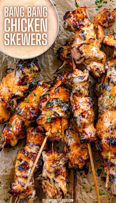 The image shows multiple of the bang bang chicken skewers on a piece of parchment paper, there is a cup of bang bang sauce next the them. Bang Bang Chicken Skewers, Bang Bang Chicken, Skewer Recipes, Poultry Recipes, Bbq Recipes, Bang Bang