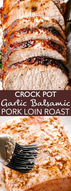 pork pot roast on a white plate with a fork in it and the recipe below