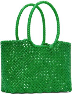 Structured hand-woven upcycled plastic tote in green. · Twin carry handles · Logo patch at face · Open throat · H9 x W16.5 x D5.5 · Total height: 14.5 Supplier color: Green Green Rectangular Bags With Intrecciato Weave, Green Intrecciato Weave Bag, Green Tote Bag With Intrecciato Weave, Green Square Bag With Intrecciato Weave, Green Intrecciato Weave Tote Bag, Green Woven Leather Bag With Double Handle, Green Shopping Bag With Braided Handles, Green Top Handle Bag With Intrecciato Weave, Green Shopping Bags With Braided Handles