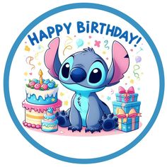 a blue and white birthday card with an image of a cartoon character next to a cake