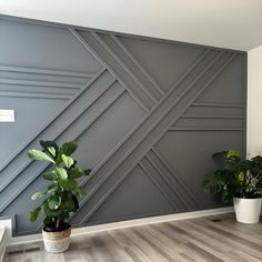 two potted plants sit in front of a wall with grey geometric designs on it