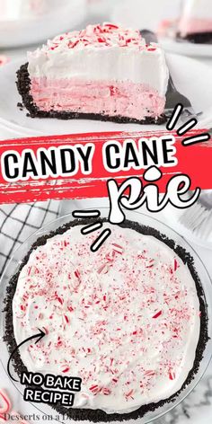 a slice of candy cane pie on a plate with the words no bake recipe below it