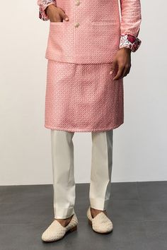 Pink nehru jacket with metallic textured buttons and thread embroidery. Comes with pant and a kurta. - Aza Fashions Designer Nehru Jacket For Festive Workwear, Traditional Festive Nehru Jacket For Workwear, Nehru Jacket For Eid Workwear, Nehru Jacket With Kurta, Kurta Set Men, Nehru Jacket, Nehru Jackets, Thread Embroidery, Thread Work