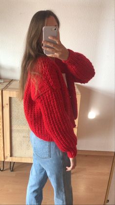 Handmade Knit Cardigan In One Size, Handmade Knit One-size Cardigan, Handmade One-size Knit Cardigan, Trendy Handmade Knit Cardigan, Trendy Red Knit Cardigan, Cozy Red Knit Cardigan, Red Chunky Knit Winter Cardigan, Red Casual Hand-knitted Knitting Pattern, One Size Hand Knitted Knit Cardigan