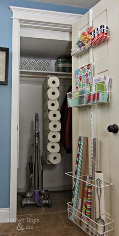 the closet is full of toilet paper and other things to use for storage in it